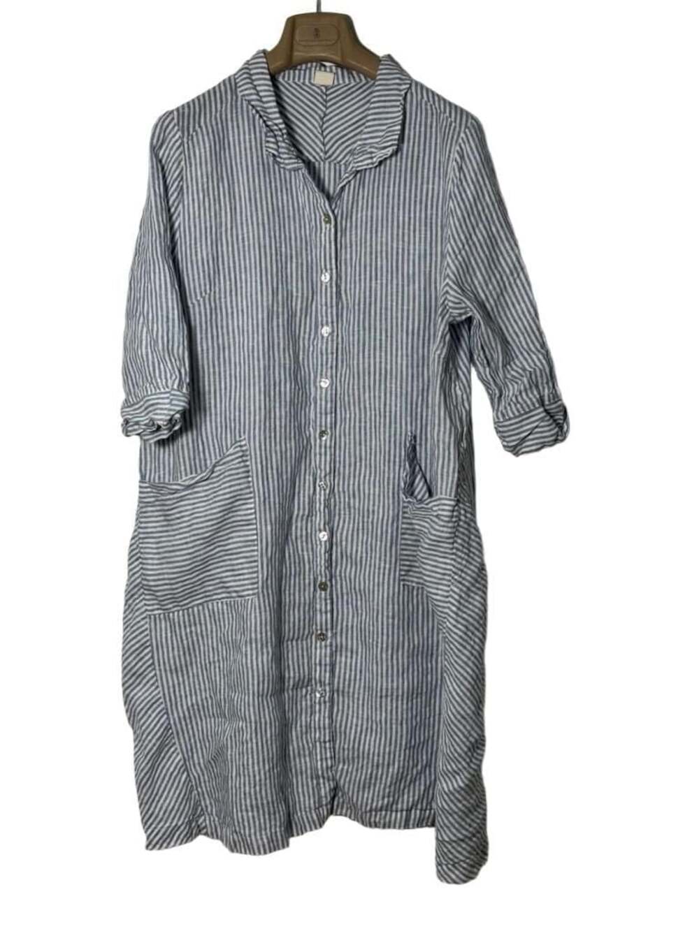 LINTICO Women's 100% Linen Striped Button-Down Shirt Dress with Pockets